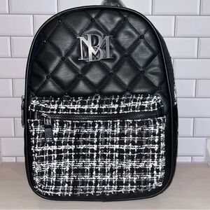 Badgley Mischka Vegan Leather Mini Backpack Quilted with Studs Tweed Fabric NEW